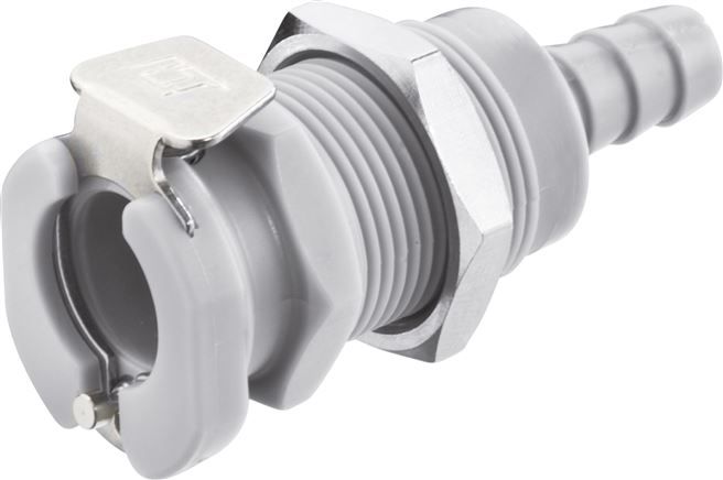 Exemplary representation: Coupling socket with grommet & bulkhead thread, polypropylene, grey